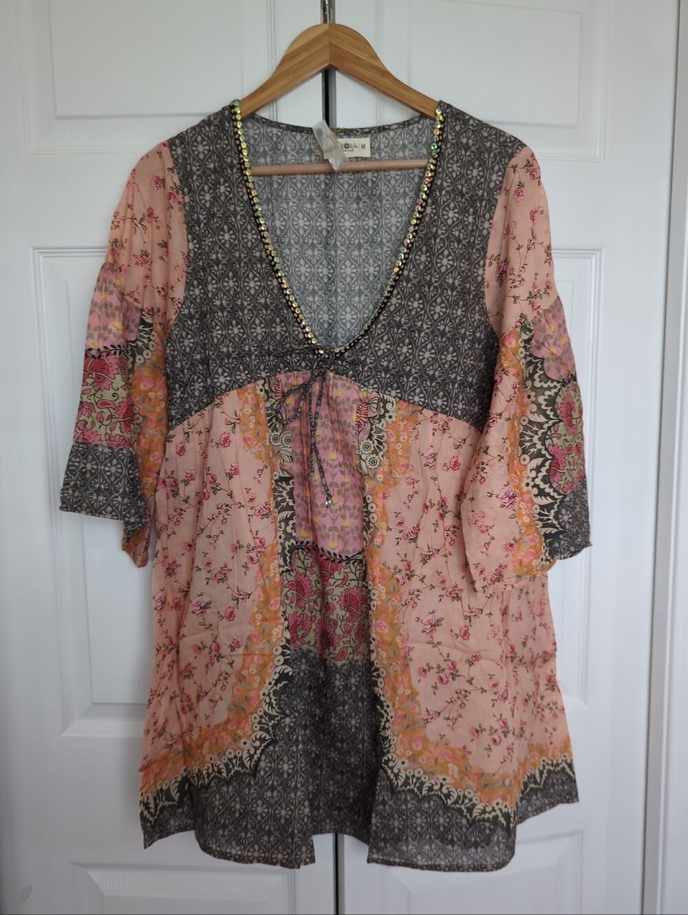 Natural Life NWT Isabella Sequin Mini Dress V Neck Pink Ditsy Patchwork